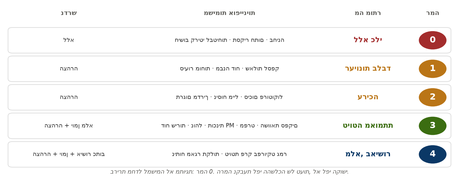 תרשים 4. סולם חמש הרמות. הרמה נקבעת לפי ההשלכה של טעות, לא לפי הקושי של המשימה.